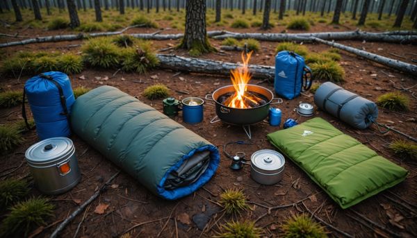 Réchaud léger, sac de couchage et matelas isolant thermique